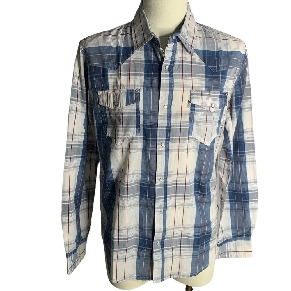 Levis Pearl Snap One Point Western Shirt M Blue Plaid Long Sleeve Pockets Cotton